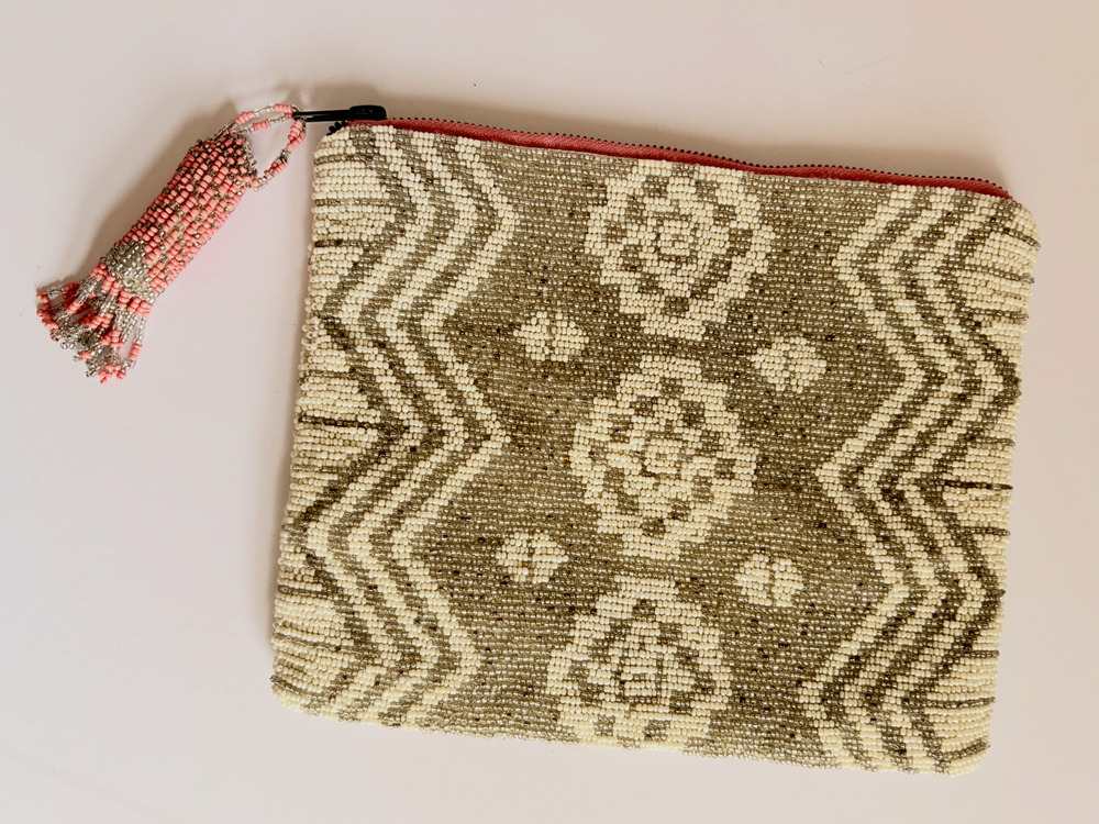 Anthropologie Jasper & Jeerra Ivory and Coral Beaded Tassel Clutch